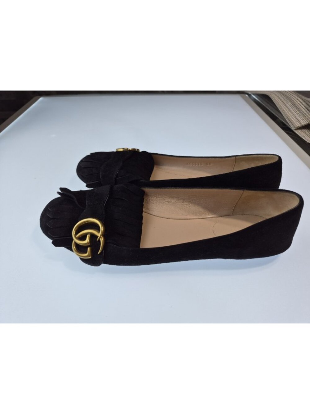 Gucci Marmont GG Fringe Suede Loafers Women's Black Flats Size 38 IT